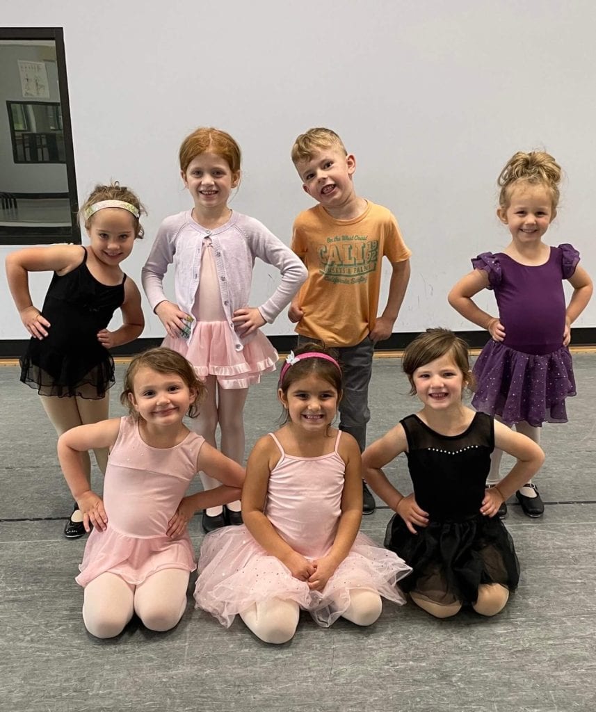Group of elementary age ballet dancers in studio